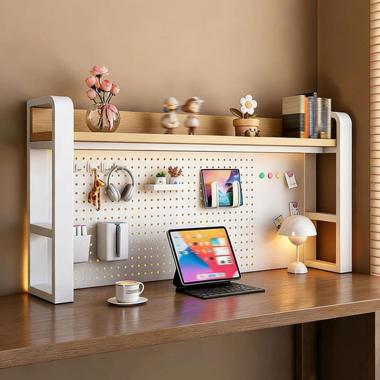 2/3/4 Tier Desktop Bookshelf with Pegboard and Storage Parts, Metal Desktop Organizer Hutch, Desk Shelves for Top of Desk, Shelf Organizer Display Rack for Dorm Home(White+Wood,2-tier L61in)