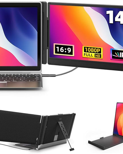 DZVW Laptop Screen Extender 14" - FHD 1080P IPS Laptop Monitor Extender Dual Screen, Portable Monitor for Laptops 13-17" with USB-C/HDMI Port, Built-in Speakers, Plug n Play for Mac, Win, Android