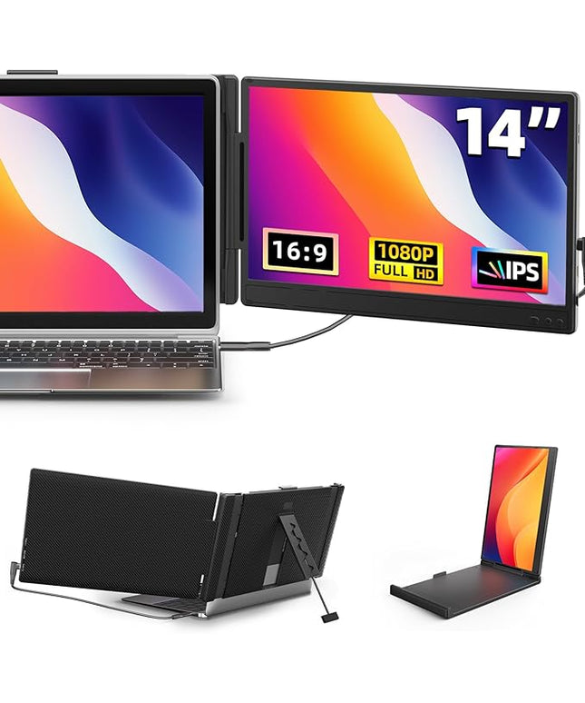 DZVW Laptop Screen Extender 14" - FHD 1080P IPS Laptop Monitor Extender Dual Screen, Portable Monitor for Laptops 13-17" with USB-C/HDMI Port, Built-in Speakers, Plug n Play for Mac, Win, Android