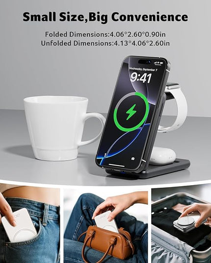 Acer 3 in 1 Charging Station for iPhone, Wireless Charger Stand,15W Fast MagSafe Charger for iPhone 17 16 15 14 13 12 Series-Apple Watch 10 9 8 7 6 5 4 3 2 SE and Ultra Series-Airpods 4 3 2 Pro Series