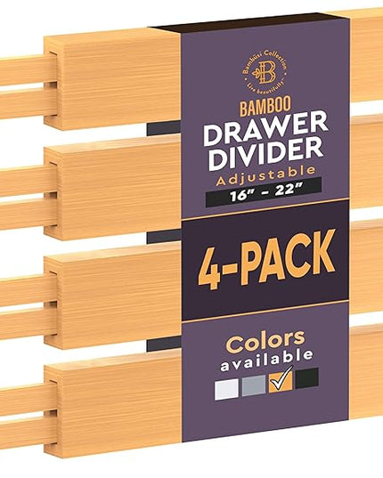 4 Pack Drawer Divider - 2.6" High, 16" to 22" Adjustable Bamboo Drawer Organizers for Clothes, Expandable Dresser Separators in Bedroom/Bathroom/Kitchen/Office Organization and Storage (Natural)