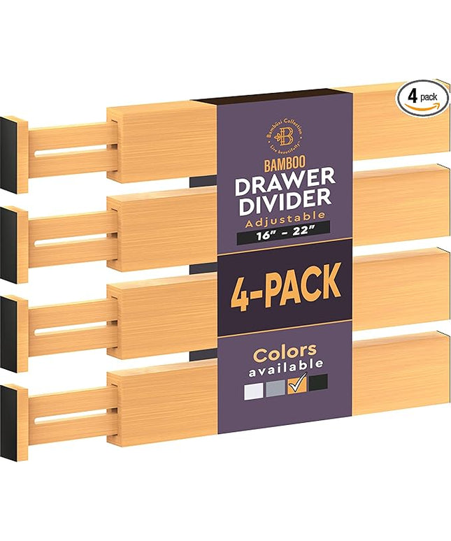 4 Pack Drawer Divider - 2.6" High, 16" to 22" Adjustable Bamboo Drawer Organizers for Clothes, Expandable Dresser Separators in Bedroom/Bathroom/Kitchen/Office Organization and Storage (Natural)