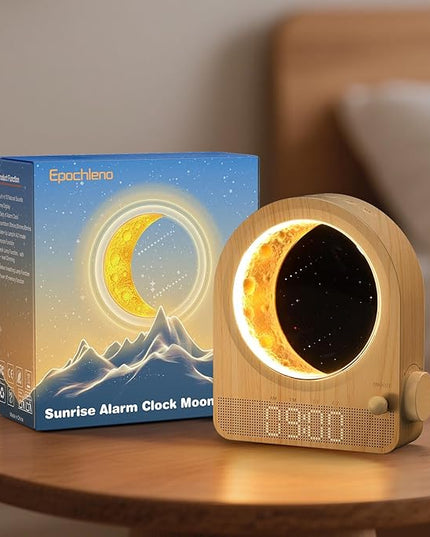 Sunrise Alarm Clock, White Noise Machine & Meteor Moonlight - 10 Soothing Sounds, Dual Alarms, 30/60/90min Timer, Easy Snooze - Bedroom Gift for Insomnia Adults/Women - Wood Grain