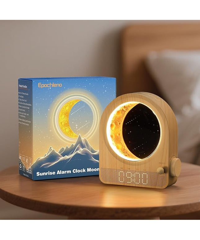 Sunrise Alarm Clock, White Noise Machine & Meteor Moonlight - 10 Soothing Sounds, Dual Alarms, 30/60/90min Timer, Easy Snooze - Bedroom Gift for Insomnia Adults/Women - Wood Grain