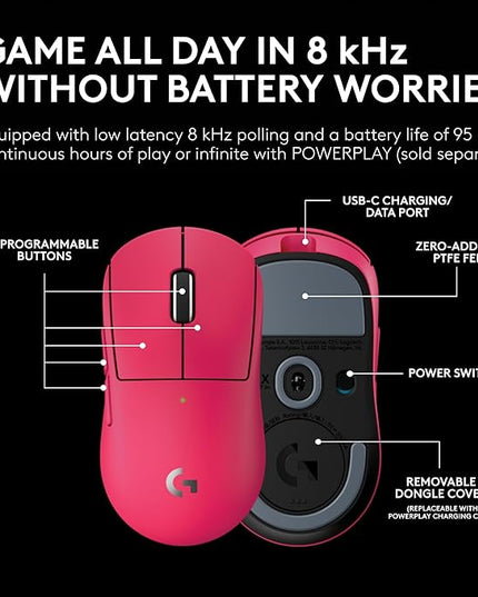 Logitech G PRO X Superlight 2c Wireless Gaming Mouse, 51 g pro-Grade Compact Mouse with 5 programmable Buttons, USB-C Charging, 44K DPI Sensor, up to 8 kHz Polling for PC/Mac - Magenta