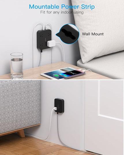 Black Extension Cord 15 Ft, HANYCONY Flat Plug Power Strip with 4 Outlets 4 USB Ports(2 USB C), Wall Mount Charging Station, No Surge Protector for Home Office College Dorm Room Travel Essentials