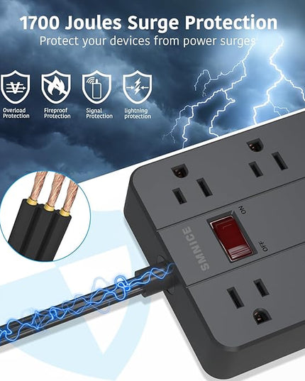10 Ft Extension Cord Surge Protector, SMNICE 8 Widely Spaced Outlets and 6 USB (1 USB C) Charging Ports Flat Plug Power Strip, Desktop Power Cord for Travel Home Office Accessories Black