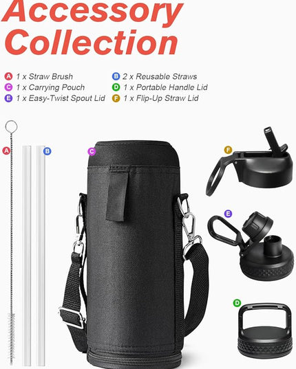 Water Bottle 40 oz Insulated with Straw&Brush, Coolflask Vaccum Stainless Steel Metal 3 Lids Water Flask for Sports, Gym or Office, Keep Cold 48H Hot 24H, Magic Black