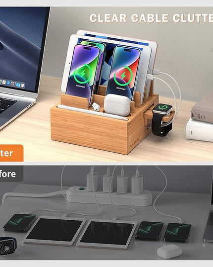 Pezin & Hulin Bamboo Charging Station for Multiple Devices Include 5 Port USB Charger, 5 Cables, Desktop Organizer for Phones, Tablet, Wooden Docking Stations