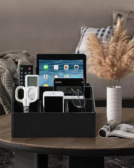 Cretkhp Remote Control Holder with 5 Compartments for Office Art Supplies, PU Leather Nightstand Organizer Pencil Pen Desk Caddy for Home, Desktop TV Remote Control Organizer Storage (Striped Black)