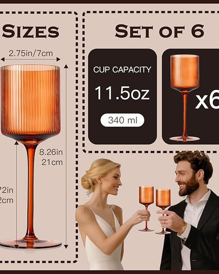 Halloween Decorations Maple Colored Square Wine Glasses Set of 6, Elegant Ribbed Design Amber Crystal Glassware with Long Stem, 11.5oz Hand Blown Stemware For Halloween, Thanksgiving