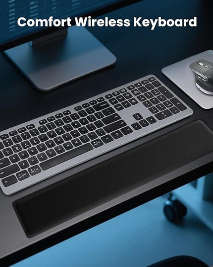 Wireless Keyboard, Bluetooth Keyboard with Leather Palm Rest, Backlighting, Multi-Device Pairing, USB C Rechargeable, for Windows, Mac, iOS, Android, Chrome, Office, Students, Long Hours Typing