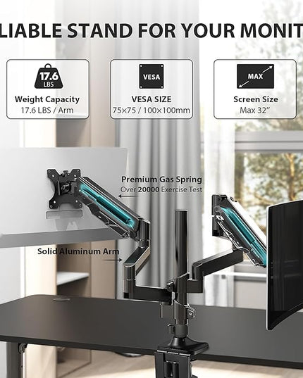 EUREKA ERGONOMIC Dual Monitor Stand, Fully Adjustable Gas Spring Double Monitor Arms for PC Computer Screen 13 to 32 inch up to 17.6 LBS W VESA 75x75mm,100x100mm C Clamp Grommet Base, Black