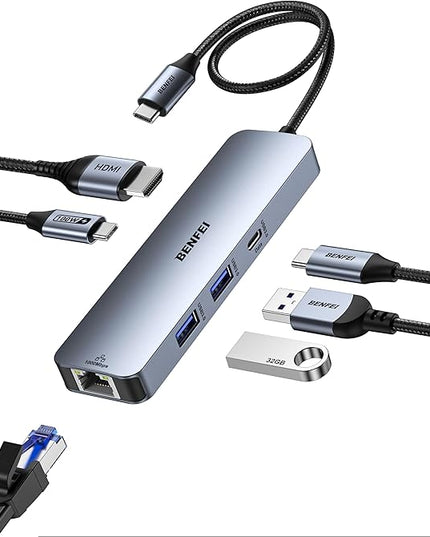 BENFEI 6-in-1 USB C Hub with HDMI(4K@60Hz), 2 USB-A, 1 USB-C Data, 100W Charge, Gigabit Ethernet, Silicone Tangle-Free Cable Compatible with MacBook Pro/Air, iPad Pro, iMac, iPhone 15 Pro/Pro Max