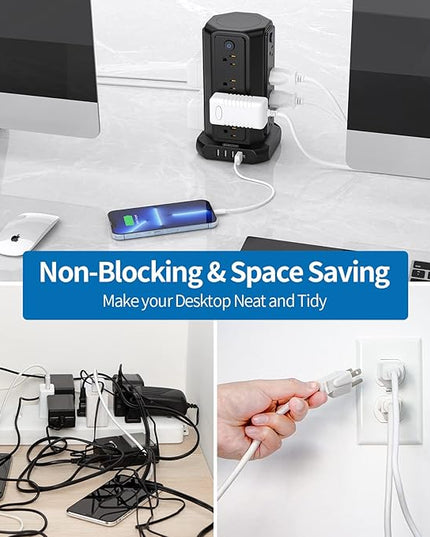 Surge Protector Power Strip Tower with USB Ports, 15 FT Extension Cord Tower with 16 Widely Spaced Outlets 4 USB Ports, 1080 Joules, Overload Protection, Flat Plug Power Strip for Home, Office, Black