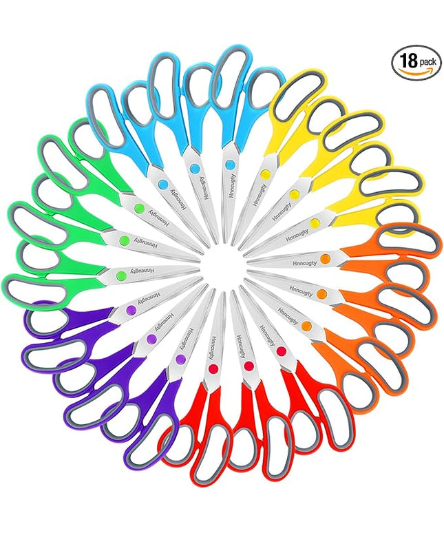 Scissors, Hnncugty 8" Scissors All Purpose Bulk Set of 18-Pack, Sharp Shears for Office Home Craft Sewing Fabric, High/Middle School Supplies Student Teacher Supplies, Comfort Grip Right/Left Handed
