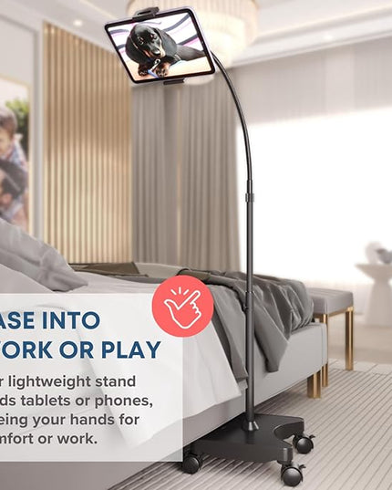 LEVO Adjustable Height Floor Stand on Wheels for Tablet & Phone - Gooseneck Holder Mount with Stable Base - Compatible with All Cell Phones & Tablets (4-13 inch) - Black with Casters