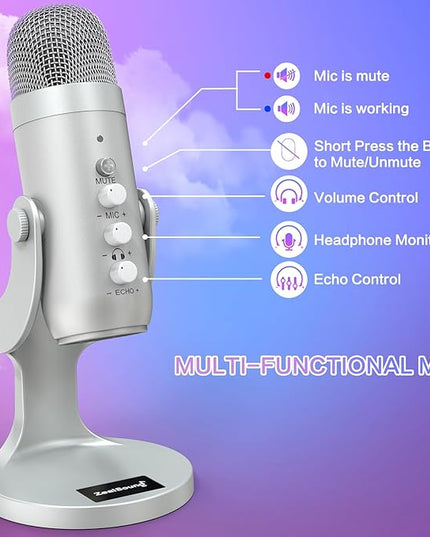 ZealSound USB Microphone,Condenser Computer PC Mic,Plug&Play Gaming Microphones for PS 4&5.Headphone Output&Volume Control,Mic Gain Control,Mute Button Vocal,YouTube Podcast on Mac&Windows(Silver)