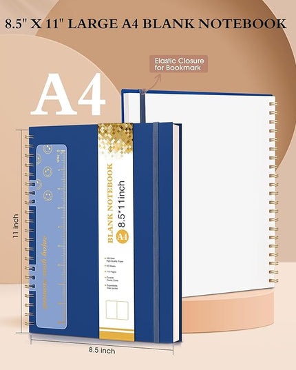 Blank Spiral Notebook Journal 8.5” x 11”, A4 Large Sketch Book for Women Men, 100 GSM Blank Paper Drawing Notebook, Plastic Hardcover Spiral Bound Sketchbook for Sketching Work School Writing, Navy