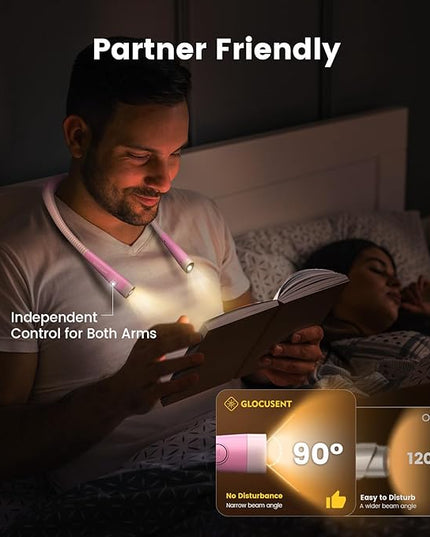 Glocusent Book Light, 3-Color & 6-Brightness Reading Light, Bendable Neck Light, 80-hr Lasting Rechargeable Book Light, Perfect Reading Lights for Books in Bed, Knitting, Book Lovers Gifts - 1Pack