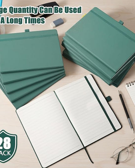 Laumoi 28 Pack PU Leather Lined Notebook Journal Bulk A5 Hardcover Notebook College Ruled 5.5 x 8.2 Inch Journal with Pen Holder for School Business Work Writing(Green,Simple)