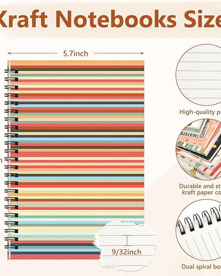 Fuutreo 12 Pcs Spiral Notebook for Work A5 8.3 x 5.7 Inch College Ruled Spiral Journal Notebook Kraft Cover Ruled Paper, 12 Color, 60 Sheets, 120 Pages for Office School(Retro Geometry)