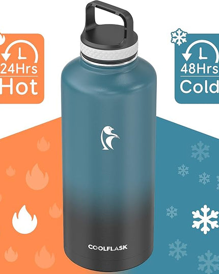 Coolflask Water Bottle 87 oz with Straw, 2/3 Gallon Insulated Stainless Steel Large 3 Lids Big Water Jug for Sports or Office, Non-BPA Keep Cold Up to 48 Hrs or Hot Up to 24 Hrs, Samurai Cyan