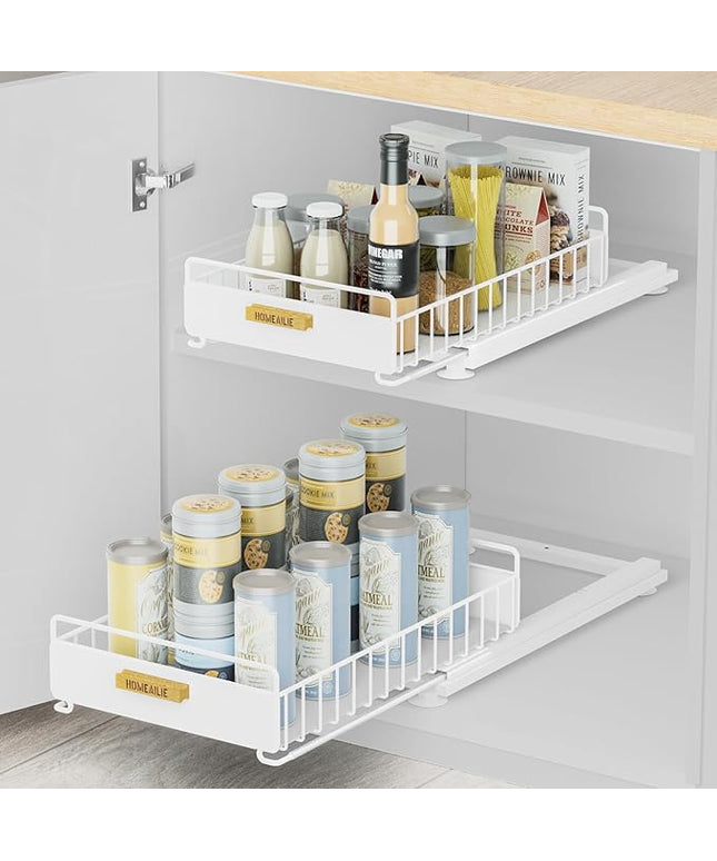 Under Sink Organizer, 2 Packs Under Sink Organizers and Storage, Slide Out Pull Out Cabinet Organizer Shelf with Metal Drawers for Kitchen Bathroom Pantry, White