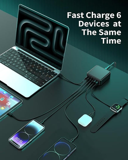 MSTJRY Charging Station for Multiple Devices : 130W 6 Port GaN Fast USB C Charger Station, Compact Multi Port PD 65W 45W Charger for iPhone 17/16 15/14/13/Pro Max