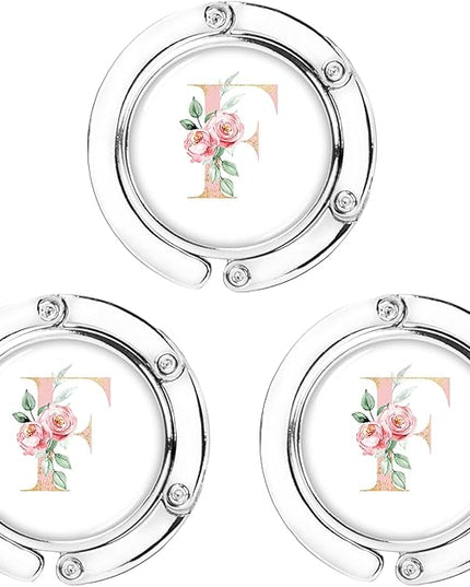 Iqimott 3pcs Personalized Initial Foldable Purse Hook for Table, Flower Letter Folding Handbag Hanger Portable Magnet Table Hook Holder, Collection Desk Purse Hooks for Women Bag (Pink-F)