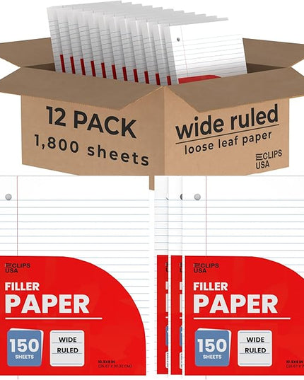 Wide Ruled Loose Leaf Paper Wide Ruled Notebook Paper Lined Writing Filler Paper 10.5” x 8” 56 gsm 1800 Sheets 150 Sheet Per Pack (12 Pack)
