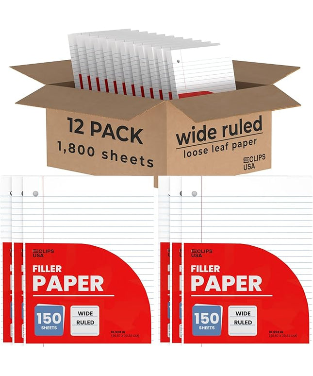 Wide Ruled Loose Leaf Paper Wide Ruled Notebook Paper Lined Writing Filler Paper 10.5” x 8” 56 gsm 1800 Sheets 150 Sheet Per Pack (12 Pack)
