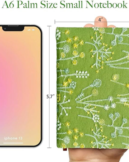 Pocket Notebook, A6 Journal, Small Embroidered Journal, Cute Fabric Notebook, Lay Flat Hardcover Journal, 4x6 Lined Notebook & Sketchbook, Personal Writing Journal for Women, Green Dandelion