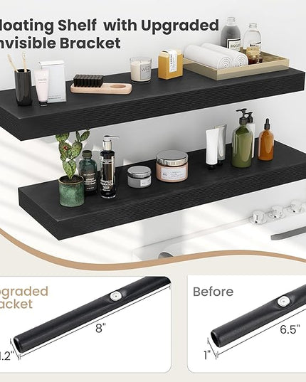 Heimlove 12 Inch Deep Floating Shelves, 12 x 12 inches Long Wall Shelf, Large Extra Display Shelf & Storage Shelf, Rustic Wood Wall Shelves for Fireplace Mantel, Black - 2Pack