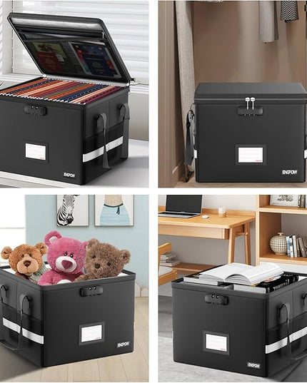 ENGPOW 5200°F Fireproof Document Box with Lock, Heat Insulated Collapsible File Storage Organizer with Handle, Portable Home Office File Cabinet for Hanging Letter/Legal Size Folder, Black