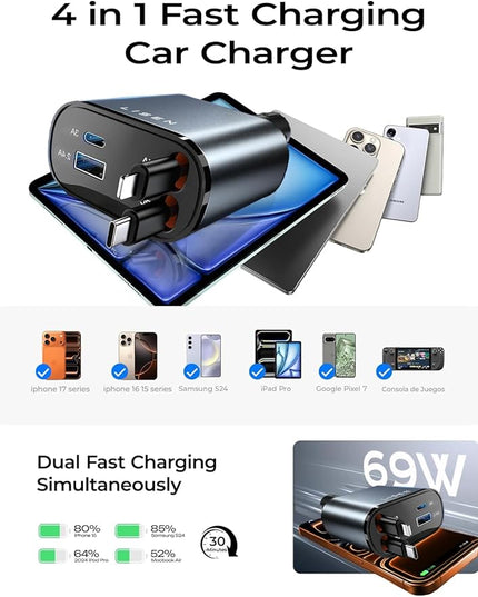 LISEN Long Retractable Car Charger 4 in 1 (47.2in Cable), 69W USB C Car Charger for Truck & Uber Drivers, Truck Accessories Fast Charging for iPhone 17 16 15 14 13 12 11 X Series, Uber Signs for Car