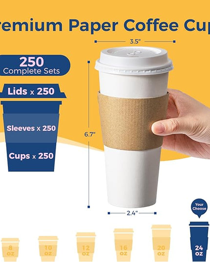 Fit Meal Prep 250 Pack 24 oz Disposable Coffee Cups with Lids, Sleeves, Leak-Proof To Go Coffee Cups with Lids, Durable Hot Paper Cups for Home, Office, Party, Business