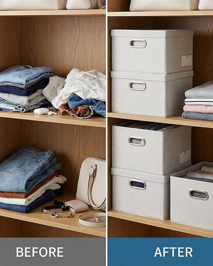 PRANDOM Storage Boxes with Lids [3-Pack] Linen Fabric Foldable Storage Bins Organizer Containers Baskets Cube with Cover for Closet Office Nursery Beige（11.4X8.6X6.7
