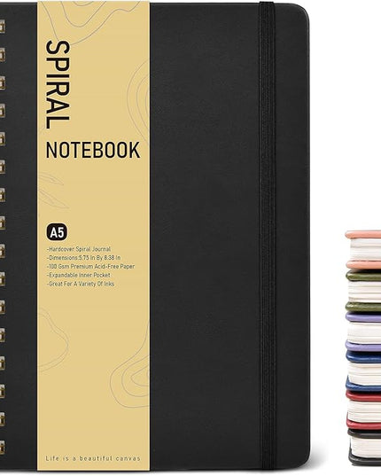 Dotted Spiral Journal Notebook, A5 Hardcover Spiral Journals for Women Men, 100 GSM Dot Grid Paper Notebooks, 150 Pages Spiral Bullet Dotted Notebook for Writing Note Taking 5.75" x 8.38" Black