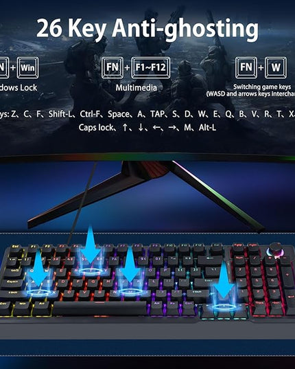 HUO JI Mechanical Gaming Keyboard Wired, 17 LED Backlit Modes, Liner Red Switch, Volume Knob, Anti-Ghosting, Double-Shot Shine Through Keycaps, 96% Light Up Keyboard for PC Mac