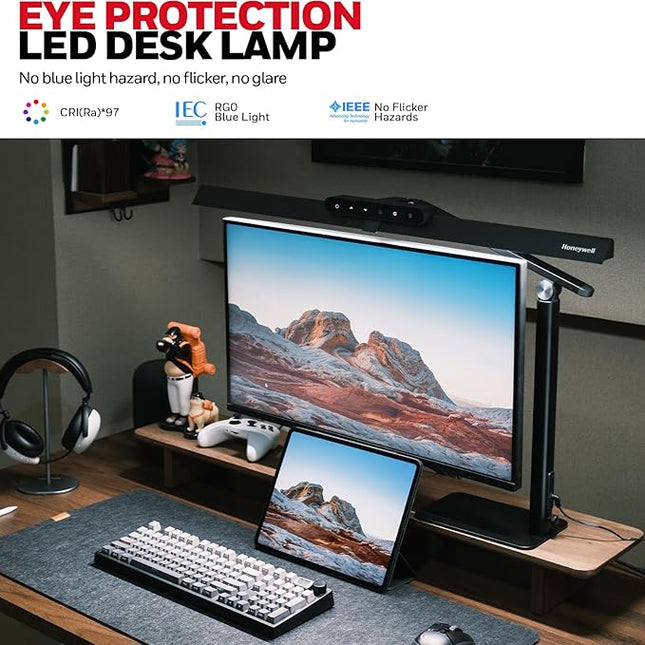 Honeywell LED Desk Lamp with Base - HJ1BK Sunturalux Eye-Caring Architect Desk Lamp for Home Office, 1200LM Computer Desk Light 4 Color Modes Stepless Dimming Task Desk Light with Timer Function Black