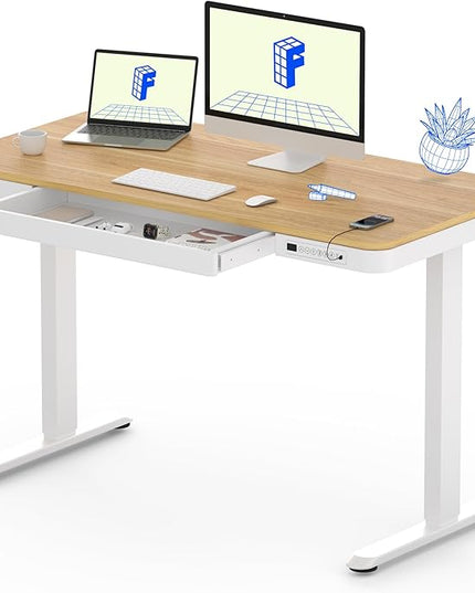 FLEXISPOT Comhar Electric Standing Desk with Drawers Charging USB Port, Height Adjustable 48" Whole-Piece Quick Install Home Office Computer Laptop Table with Storage (Maple Top + White Frame)