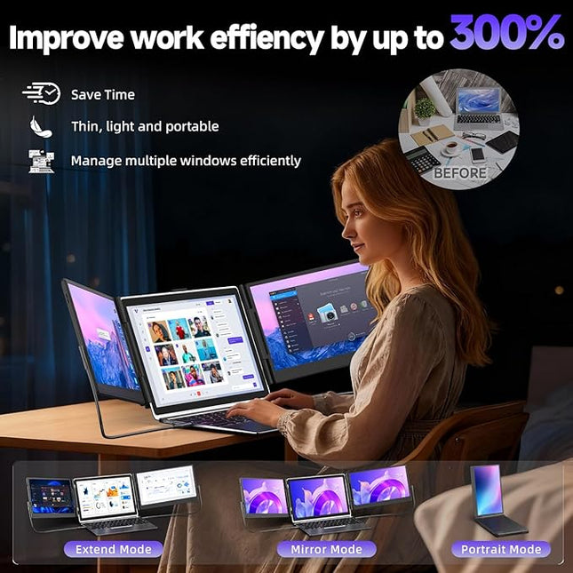 DZVW Triple Laptop Screen Extender, Upgraded 14" 1080P FHD IPS Laptop Monitor Extender, Plug & Play LCD Type-C/USB-A/HDMI Travel Monitor for Laptops 13"-17", Fits Windows Mac Linux Chrome