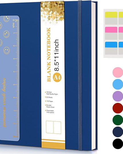 Blank Spiral Notebook Journal 8.5” x 11”, A4 Large Sketch Book for Women Men, 100 GSM Blank Paper Drawing Notebook, Plastic Hardcover Spiral Bound Sketchbook for Sketching Work School Writing, Navy