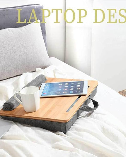 SUMISKY Lap Desk-Portable Laptop Stand with Cushion, Bamboo Platform with Phone Holder, Wrist Pad Fits up to 15.6 Inch Laptops