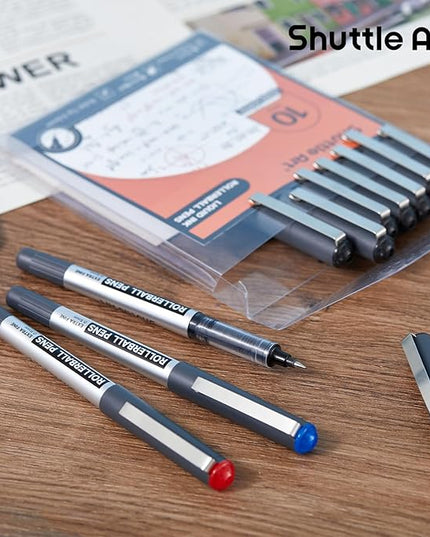 Shuttle Art Rollerball Pens, 10 Pack(8 black 1 blue 1 red) Liquid Ink Pens, 0.5mm Extra Fine Point, Quick Drying for Writing Journaling Taking Notes School Office