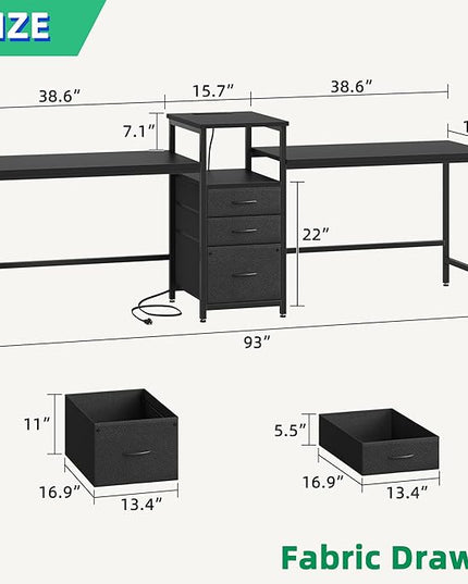 GYIIYUO 93'' Two Person Gaming Desk with Charging Station, Long Desk with 3 Drawers and Printer Shelf, Double Computer Desk, 2 Person Writing Study Table Workstation for Home Office, Black