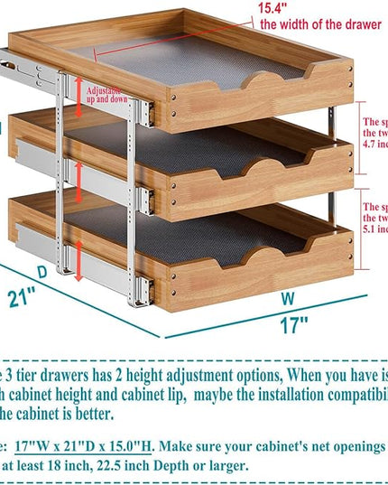OCG Pull Out Cabinet Drawer 17" W x 21" D, 3 Tier Pull Out Cabinet Organizer, Heavy-Duty Slide Out Drawer for Cabinets, Organization for Kitchen, Pantry, Bathroom