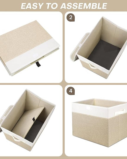 Large 17" 42 Quarts Collapsible Stackable Storage Bins with Lids [3-Pack] Foldable Fabric Linen Storage Boxes Cube, Closet Organizer Baskets with Label (16.7 x 12 x 12, Beige & White)