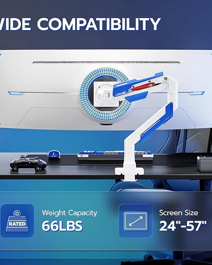 ARES WING Heavy Duty Single Monitor Arm - Gas Spring Aluminum Monitor Mount for 24"-57" Ultrawide Screens up to 66 lbs with Clamp/Grommet Desk Mount, 75/100/200 Vesa Mount, White
